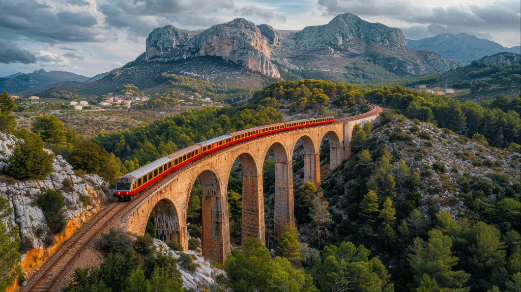 Rhaetian Railway train in the Alpine landscape of the Engadine
