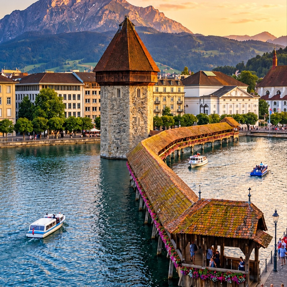 Chapel Bridge and Water Tower beside the River Reuss in Lucerne