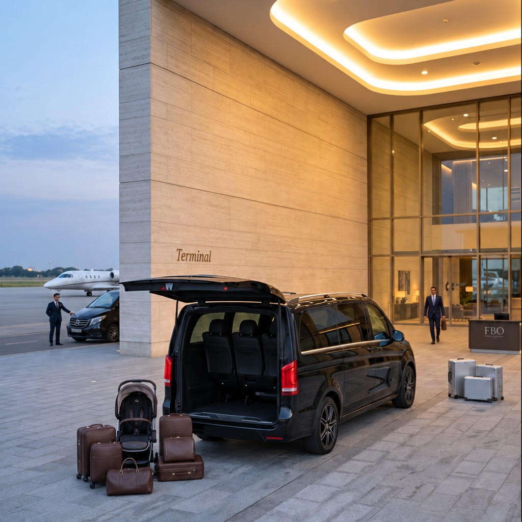 Chauffeur and luggage beside a private transfer vehicle