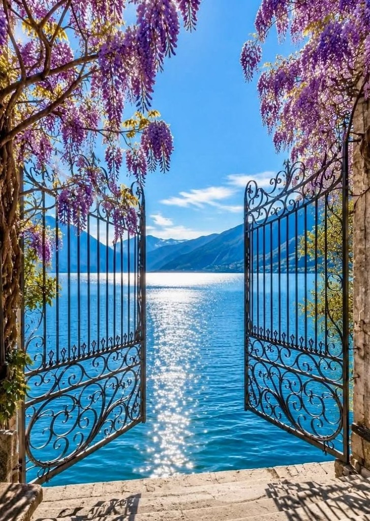 istoric wrought-iron gate in Parco Ciani framing Lake Lugano
