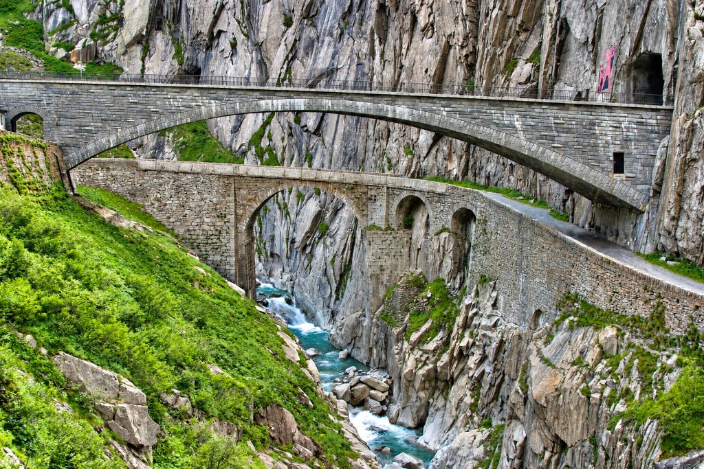 Devil’s Bridge above the Reuss river in the Schöllenen Gorge near Andermatt