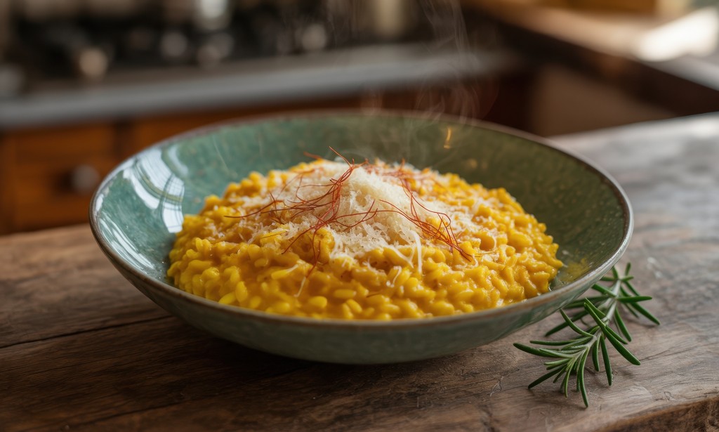 Golden saffron risotto alla Milanese served in Milan