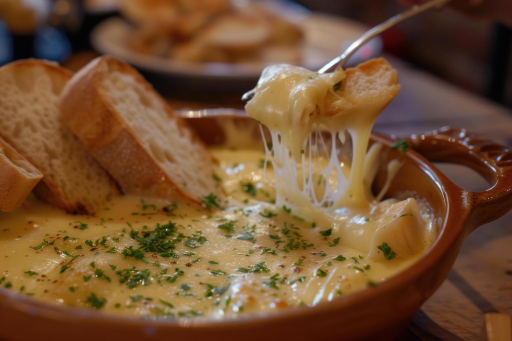Savoyard cheese fondue served with bread in Courchevel