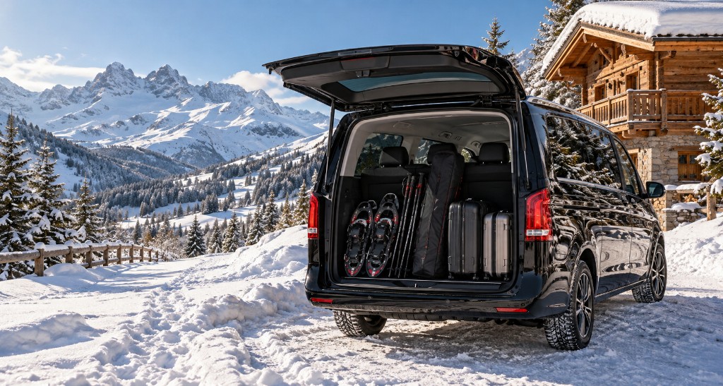 Private van with skis and suitcases
