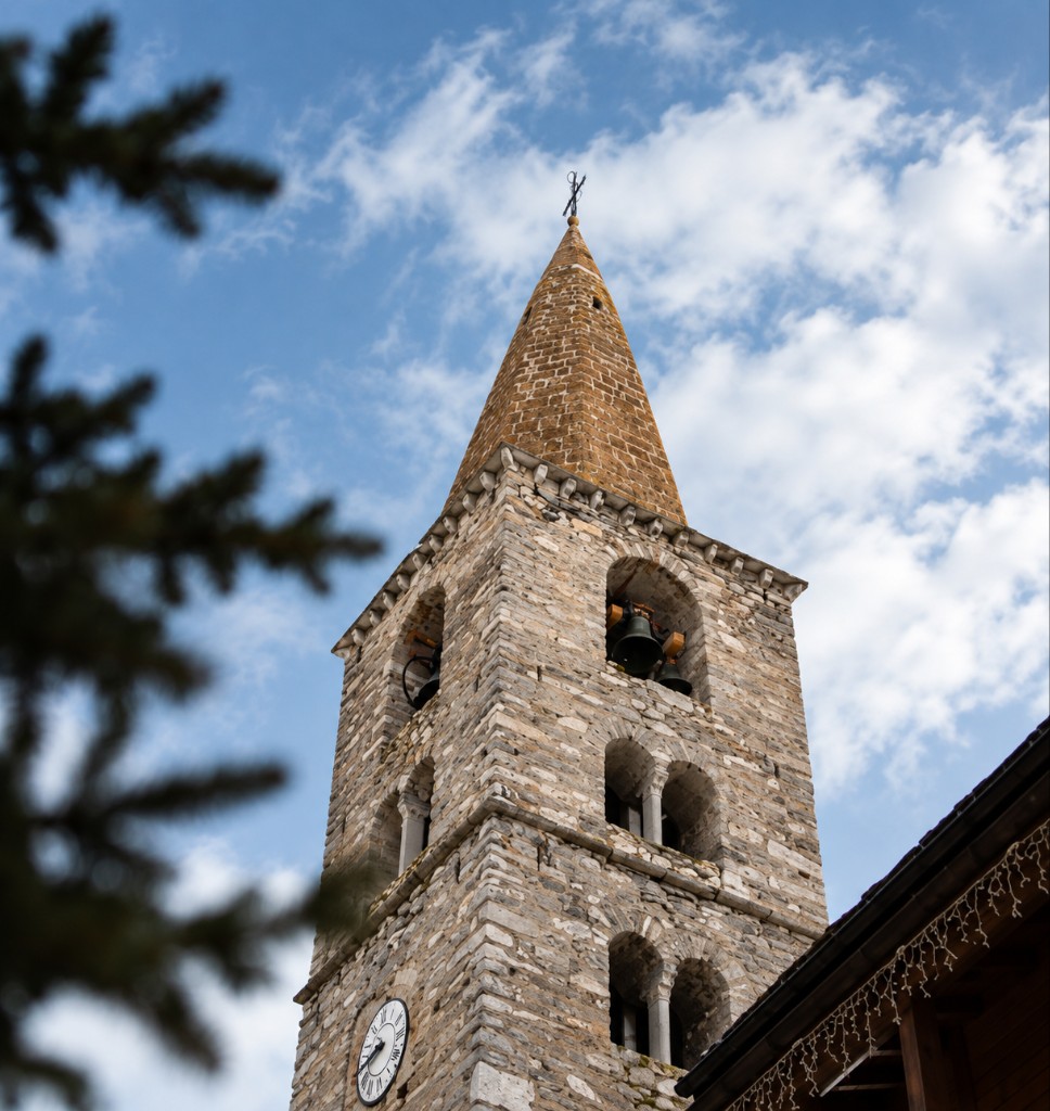 Stone and wood building of the Church of Saint Bernard de Menthon.