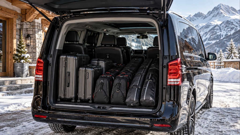 Private van with suitcases and ski bags