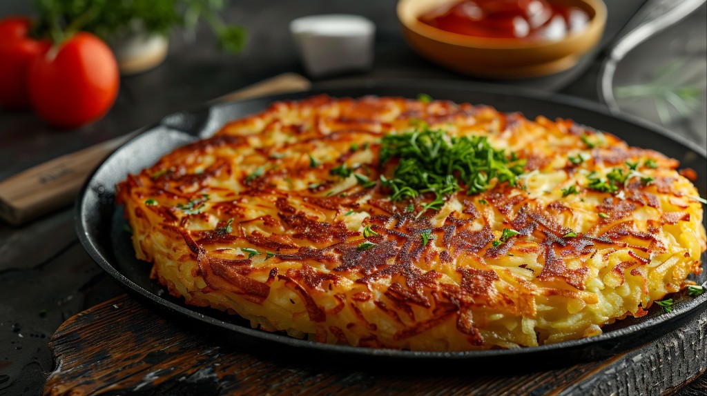 Swiss potato rösti with a golden, crispy crust, served on a plate.