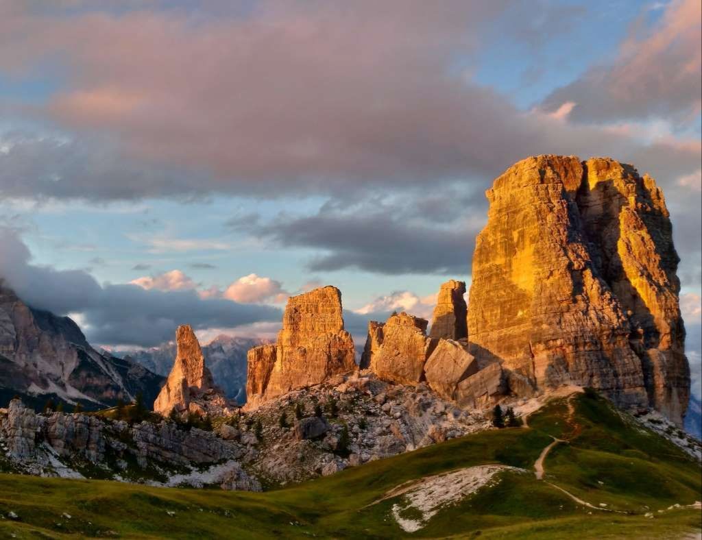 The Cinque Torri rock formations and a mountain path near Cortina d’Ampezzo