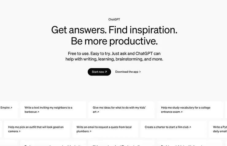 Uno screenshot di un sito web che dice `` ottieni risposte. trova ispirazione. sii più produttivo.''