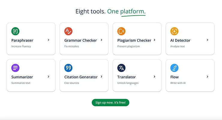 Uno screenshot di un sito web che dice otto strumenti una piattaforma.