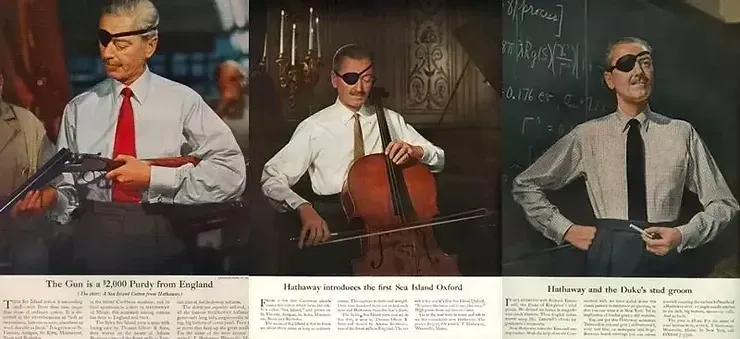 Three photos of a man in a shirt and tie wearing an eye patch